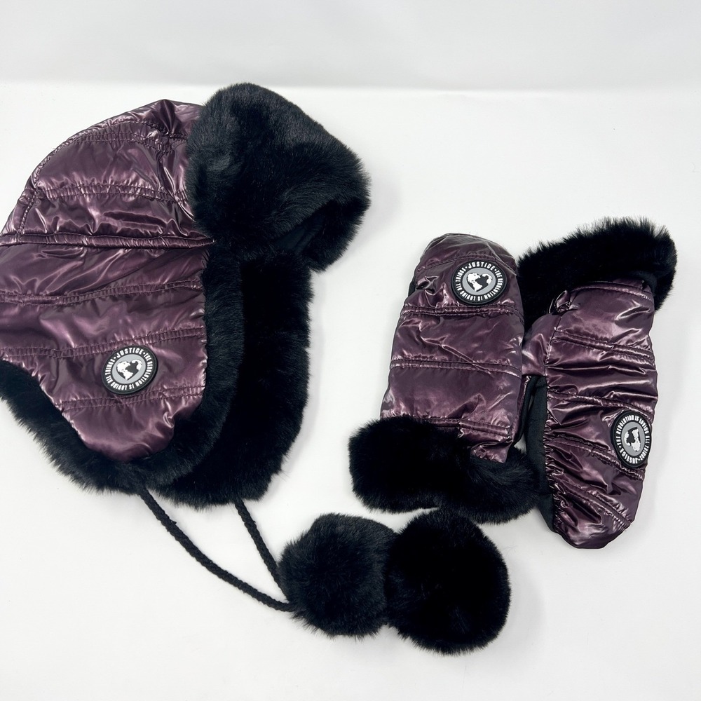 Justice Girls Metallic Purple Quilted Trapper Hat and‎ Mittens Set Faux Fur Trim